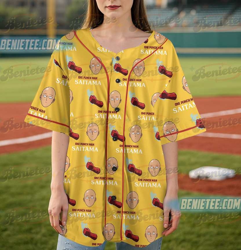 Power Saitama One Punch Man Button Up Baseball Jersey - Image 5