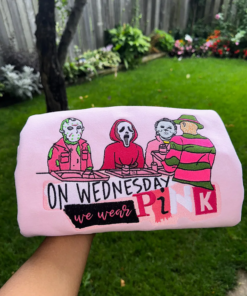 Wednesdays We Wear Pink Embroidered Sweatshirt, Funny Halloween Horror Movie Shirt, Classic Film-Inspired Crewneck for Adults
