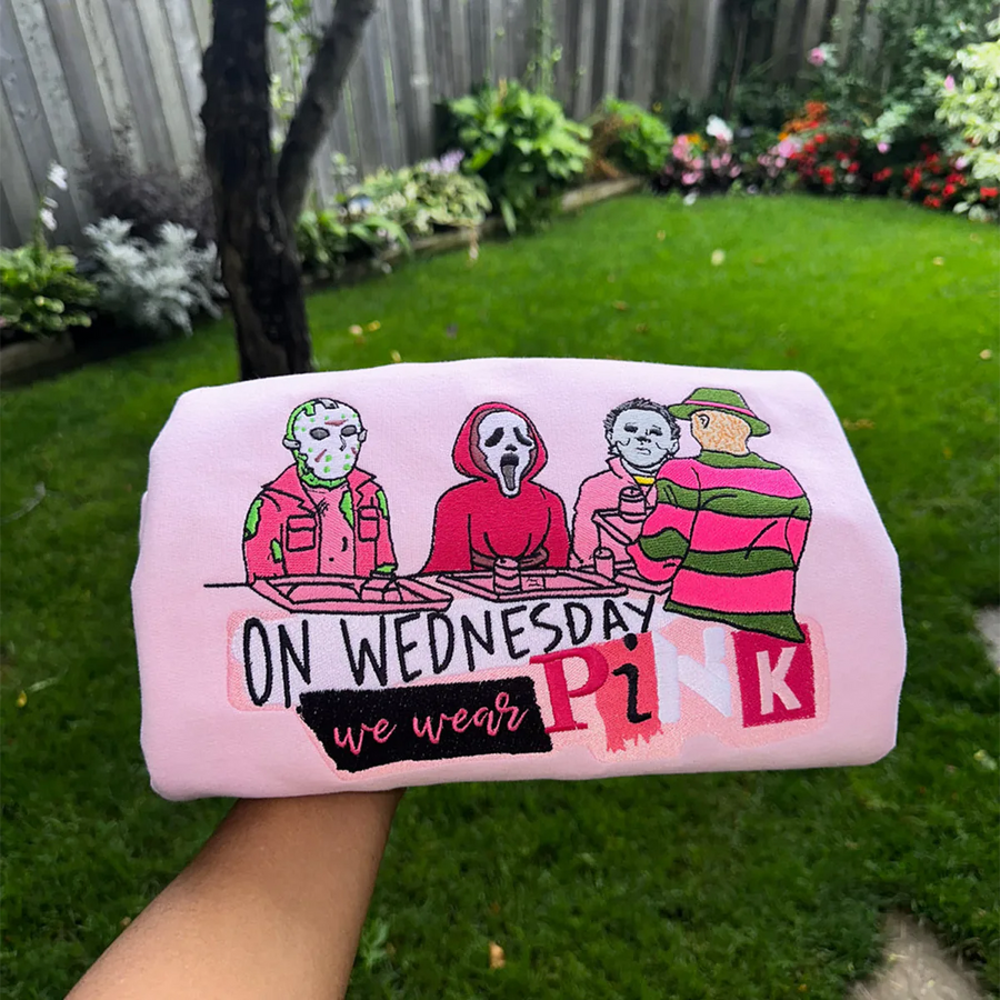 Wednesdays We Wear Pink Embroidered Sweatshirt, Funny Halloween Horror Movie Shirt, Classic Film-Inspired Crewneck for Adults