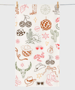 Western Cowgirl Bachelorette Hand-Drawn Wild West Disco Print Beach Towel