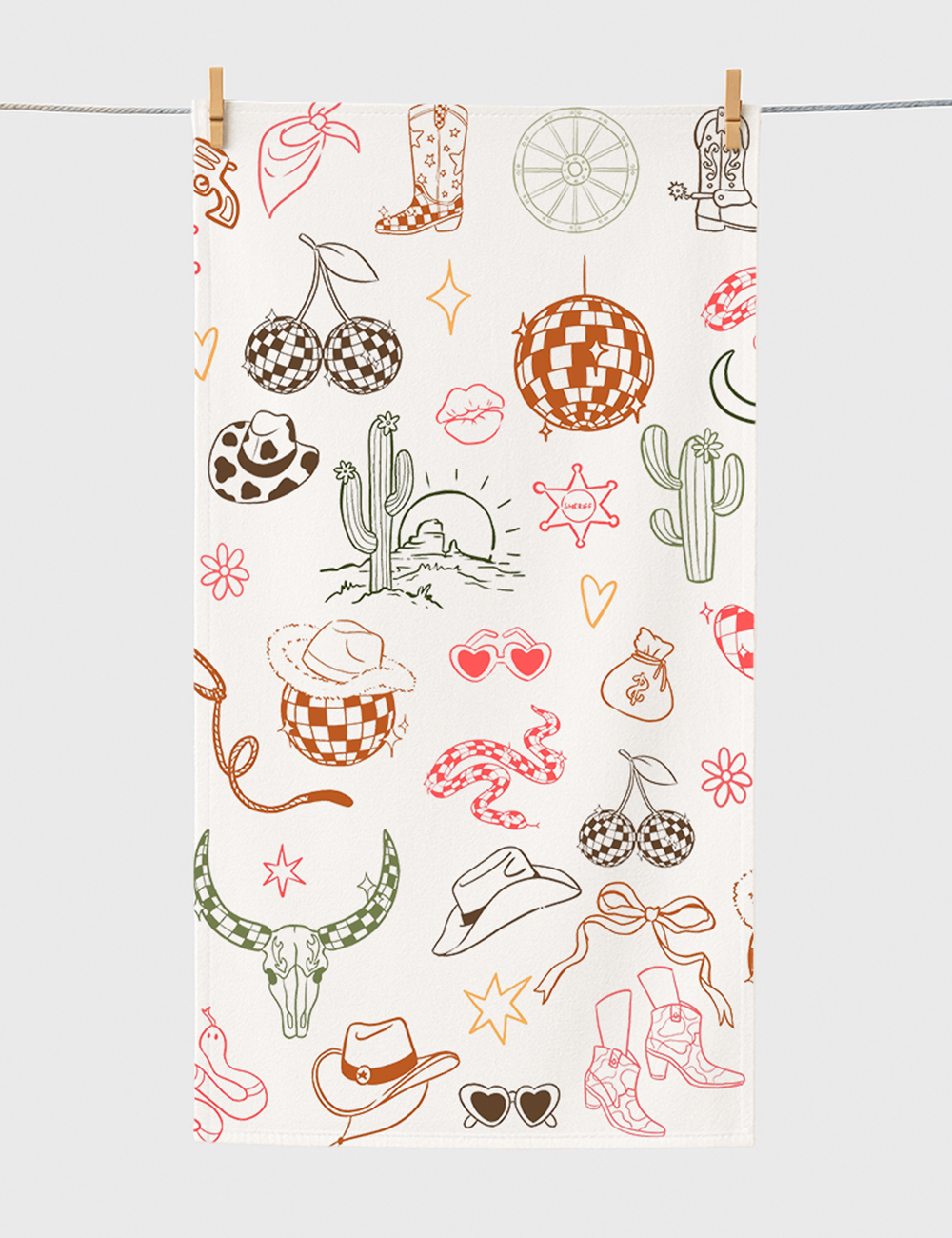 Western Cowgirl Bachelorette Hand-Drawn Wild West Disco Print Beach Towel