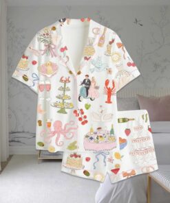 Whimsical Hand Drawn Watercolor Wedding Dolce Vita Summer Satin Pajama Set