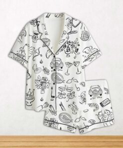 Whimsical Wedding Doodles For Wedding Print Short Sleeve Satin Pajama Set For Women