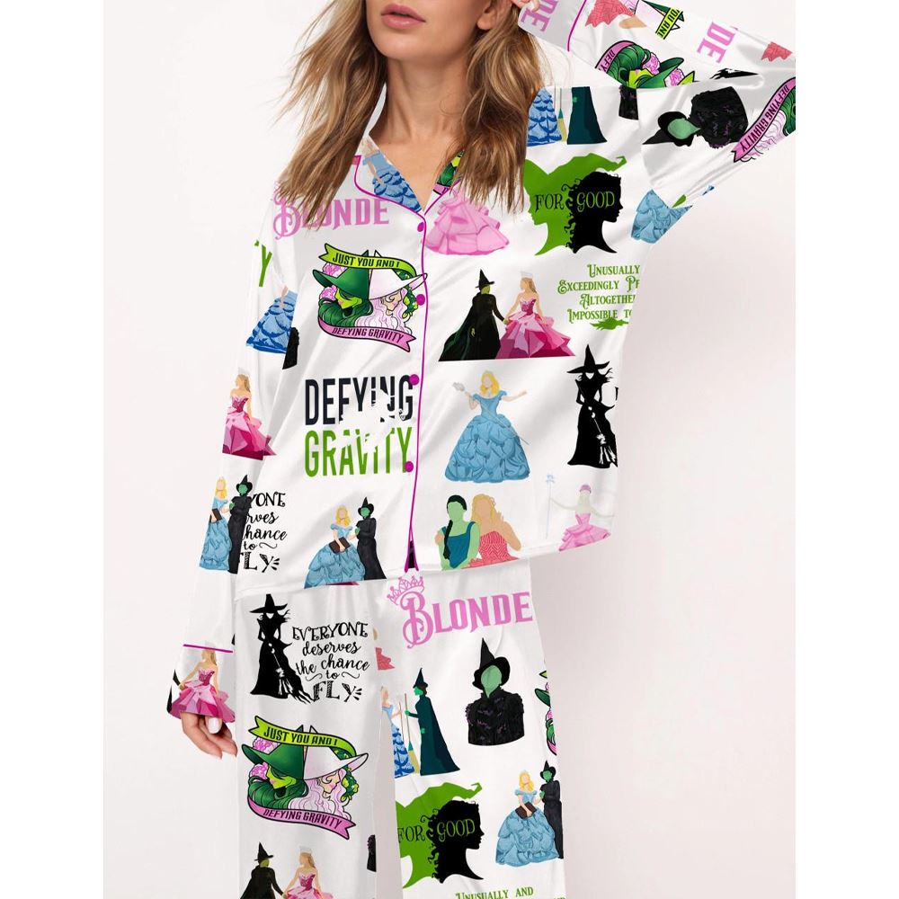 Wicked Elphaba And Glinda Satin Pajama Set For Women - Image 2