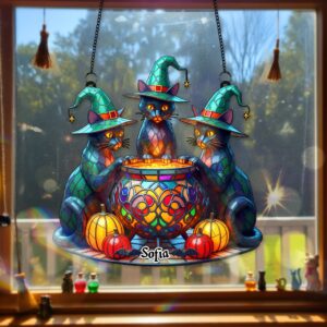 Witch Cat Suncatcher Ornament - Personalized Gifts For Halloween 03NAMG120825