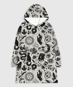 Witchy Things In Black And White Halloween Cat Flannel Blanket Hoodie