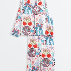 Women's 4th Of July 1776 Patriotic Cherry Bow America Coquette Wine Long Sleeve Satin Pajamas Set