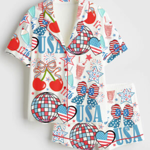 Womenâ€™s 4th Of July 1776 Patriotic Cherry Bow America Coquette Wine Short Sleeve Satin Pajama Set