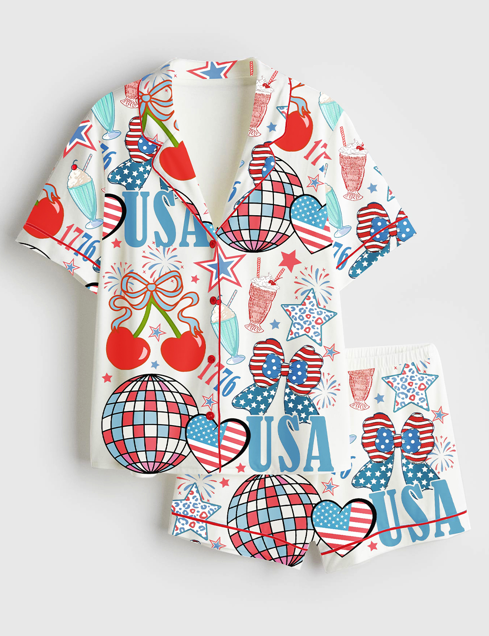 Womenâ€™s 4th Of July 1776 Patriotic Cherry Bow America Coquette Wine Short Sleeve Satin Pajama Set