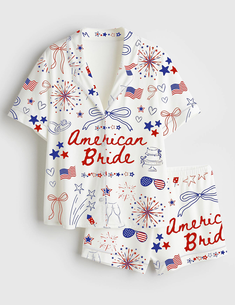 Women's 4th Of July Bachelorette Party American Bride Coquette Bow Independence Day Patriotic Bride Short Sleeve Satin Pajama Set