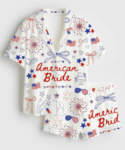 Women's 4th Of July Bachelorette Party American Bride Coquette Bow Independence Day Patriotic Bride Short Sleeve Satin Pajama Set