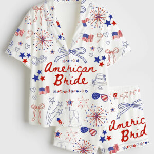 Womenâ€™s 4th Of July Bachelorette Party American Bride Coquette Bow Independence Day Patriotic Bride Short Sleeve Satin Pajama Set