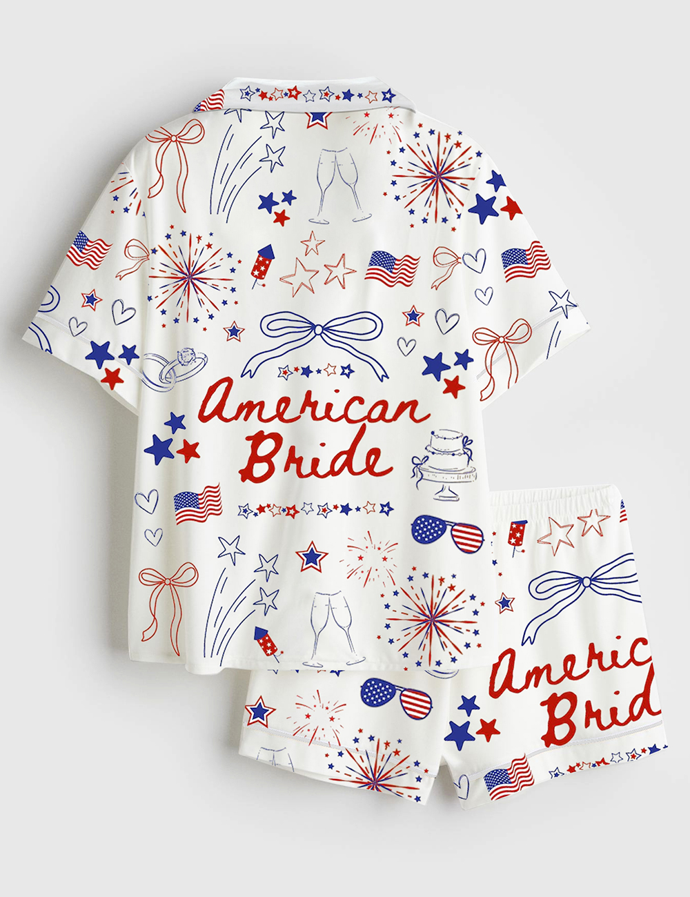 Women's 4th Of July Bachelorette Party American Bride Coquette Bow Independence Day Patriotic Bride Short Sleeve Satin Pajama Set - Image 2