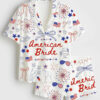 Women's 4th Of July Bachelorette Party American Bride Coquette Bow Independence Day Patriotic Bride Short Sleeve Satin Pajamas Set