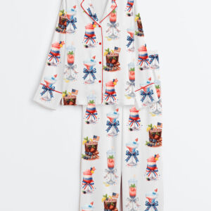 Women's 4th Of July Champagne Cocktail Patriotic Sparkler Cocktail Long Sleeve Satin Pajamas Set