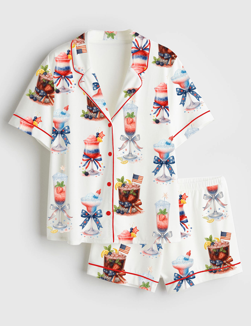 Womenâ€™s 4th Of July Champagne Cocktail Patriotic Sparkler Cocktail Short Sleeve Satin Pajama Set