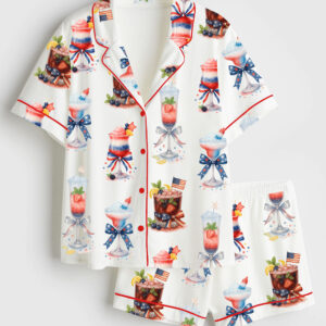 Women's 4th Of July Champagne Cocktail Patriotic Sparkler Cocktail Short Sleeve Satin Pajama Set