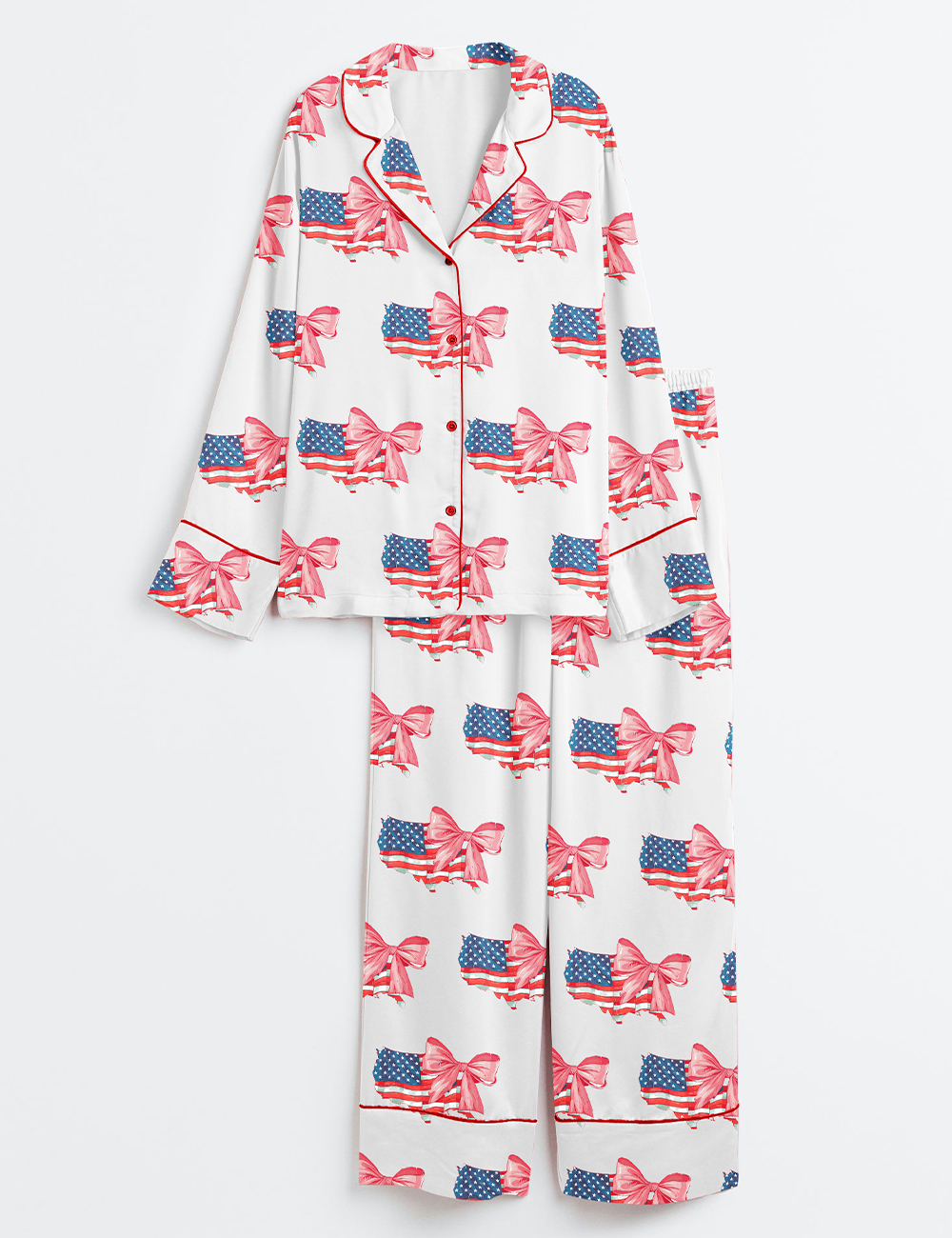 Women's 4th Of July Coquette American Flag Patriotic Print Long Sleeve Satin Pajama Set