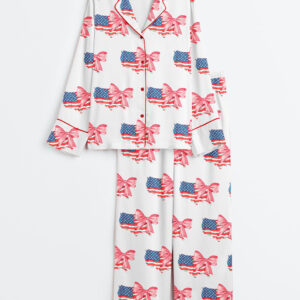 Womenâ€™s 4th Of July Coquette American Flag Patriotic Print Long Sleeve Satin Pajama Set