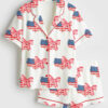 Womenâ€™s 4th Of July Coquette American Flag Patriotic Print Short Sleeve Satin Pajama Set