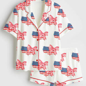 Womenâ€™s 4th Of July Coquette American Flag Patriotic Print Short Sleeve Satin Pajama Set