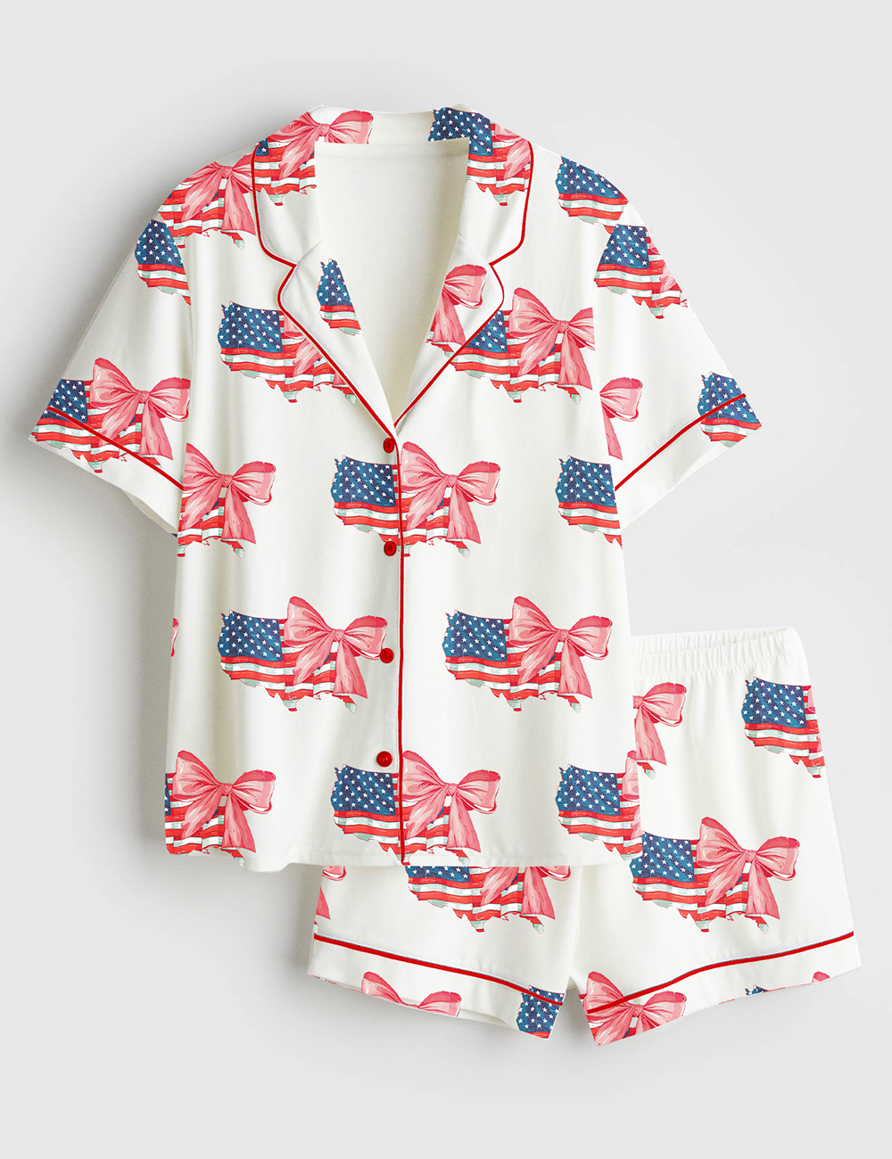 Women's 4th Of July Coquette American Flag Patriotic Print Short Sleeve Satin Pajama Set