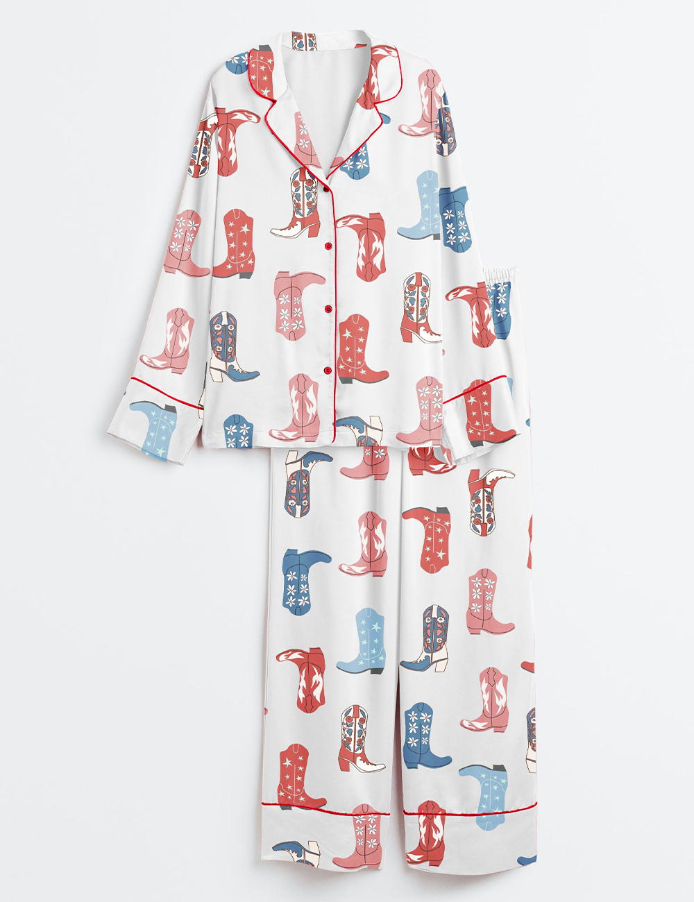Womenâ€™s 4th Of July Cowgirl Boots Long Sleeve Satin Pajama Set
