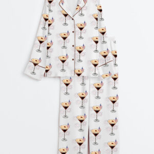 Women's 4th Of July Espresso Martini Retro Fireworks Long Sleeve Satin Pajama Set