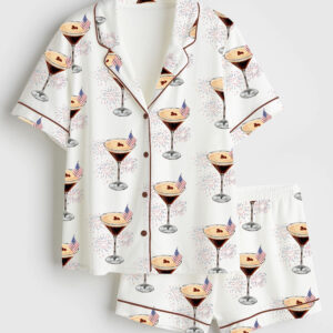 Women's 4th Of July Espresso Martini Retro Fireworks Short Sleeve Satin Pajama Set