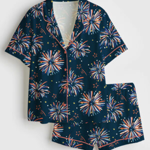 Womenâ€™s 4th Of July Fireworks Patriotic Party Short Sleeve Satin Pajama Set