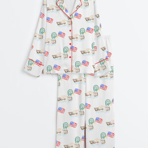 Women's 4th Of July Independence Day Patriotic USA Ducks Print Long Sleeve Satin Pajamas Set