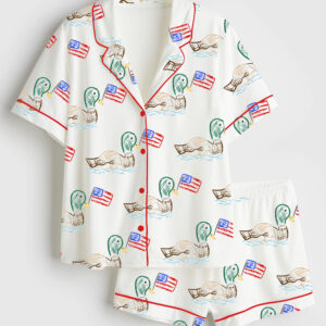 Womenâ€™s 4th Of July Independence Day Patriotic USA Ducks Print Short Sleeve Satin Pajama Set