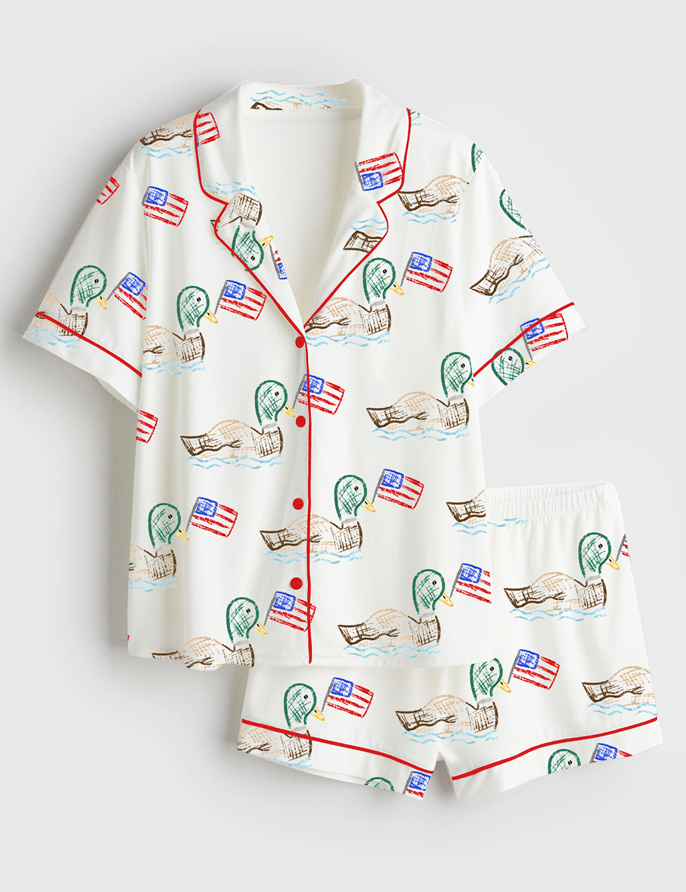 Women’s 4th Of July Independence Day Patriotic USA Ducks Print Short Sleeve Satin Pajama Set