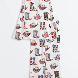 Women's 4th of July Patriotic Western Cowgirl Long Sleeve Satin Pajama Set