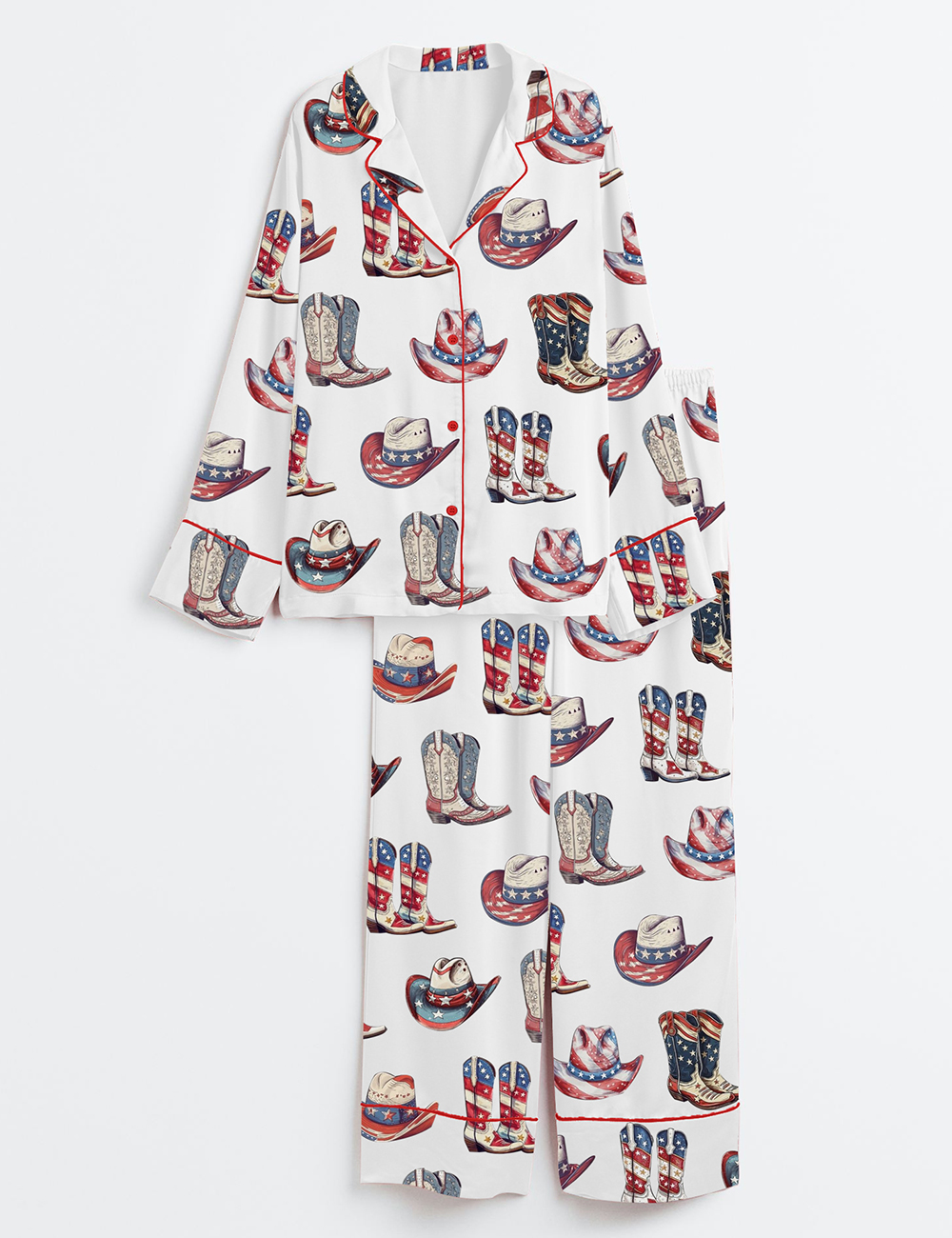 Women's 4th of July Patriotic Western Cowgirl Long Sleeve Satin Pajamas Set