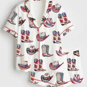 Women's 4th of July Patriotic Western Cowgirl Short Sleeve Satin Pajama Set