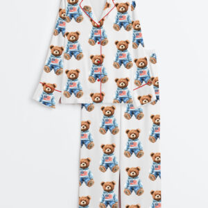 Womenâ€™s 4th Of July Watercolor Bear Long Sleeve Satin Pajama Set
