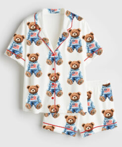 Women's 4th Of July Watercolor Bear Short Sleeve Satin Pajama Set