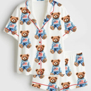 Womenâ€™s 4th Of July Watercolor Bear Short Sleeve Satin Pajama Set