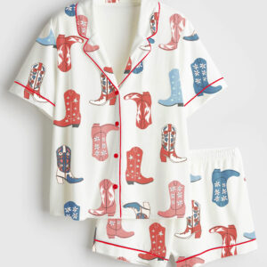 Womenâ€™s 4th Of July Western Cowgirl Boots Short Sleeve Satin Pajama Set