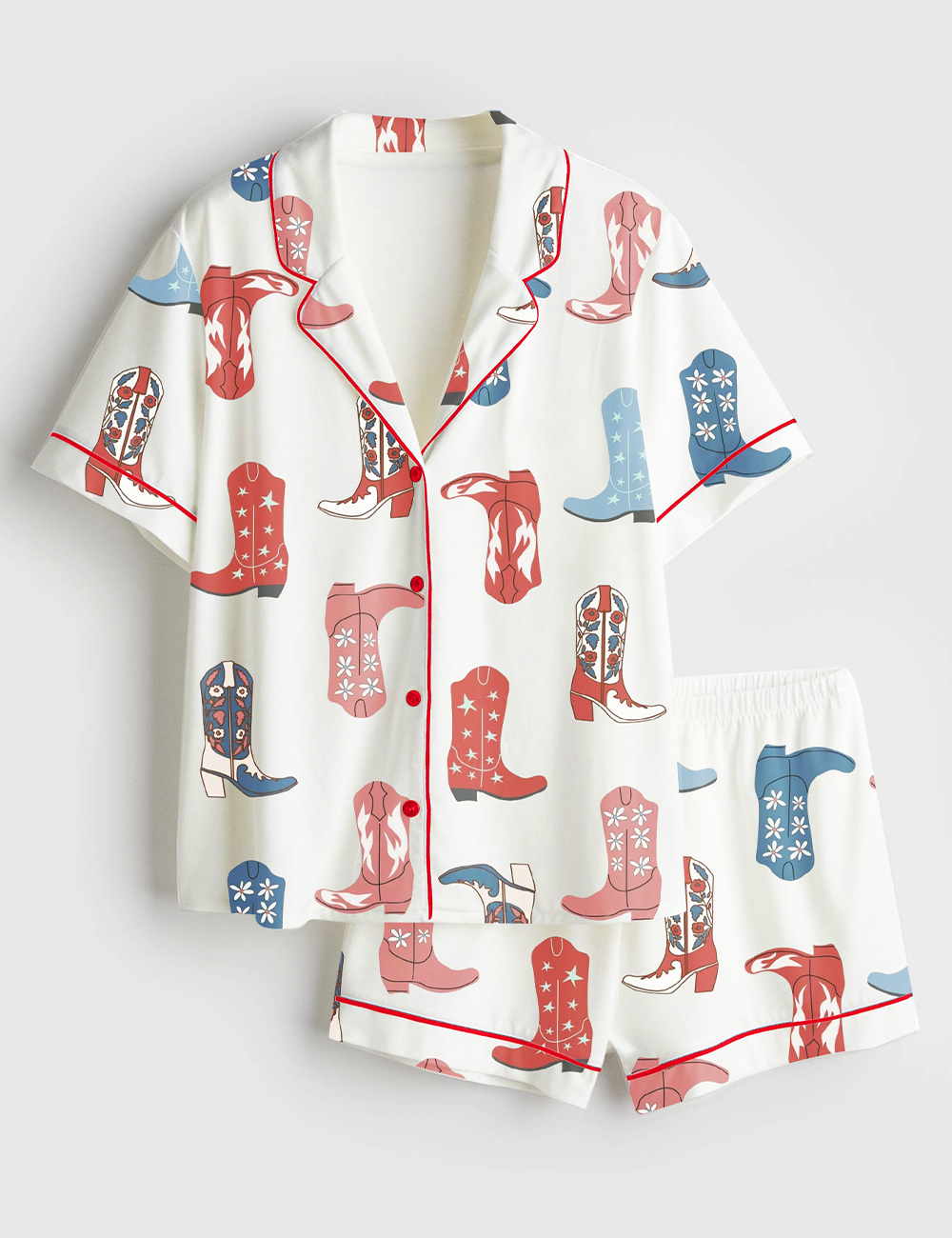 Women's 4th Of July Western Cowgirl Boots Short Sleeve Satin Pajamas Set