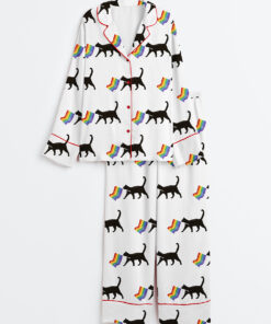 Women's A Little Gay Cat Friend Pride Month LGBT Pride Print Long Sleeve Satin Pajama Set