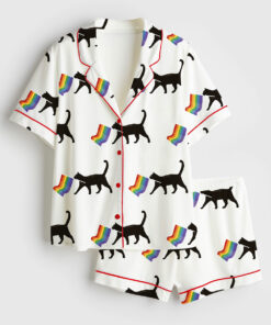 Women's A Little Gay Cat Friend Pride Month LGBT Pride Print Short Sleeve Satin Pajama Set