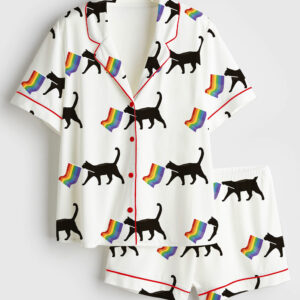 Womenâ€™s A Little Gay Cat Friend Pride Month LGBT Pride Print Short Sleeve Satin Pajama Set