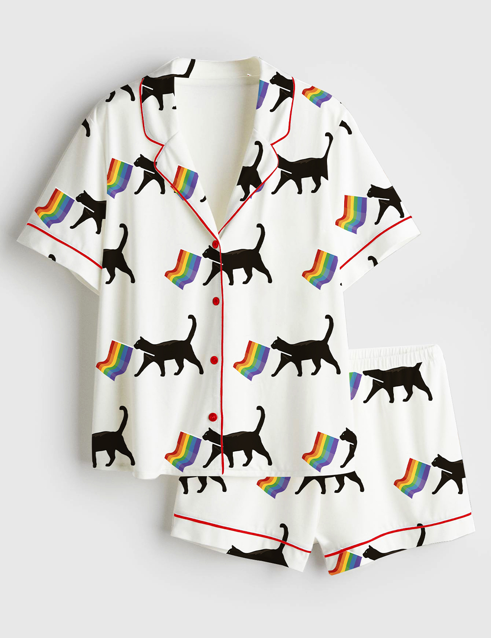 Womenâ€™s A Little Gay Cat Friend Pride Month LGBT Pride Print Short Sleeve Satin Pajama Set