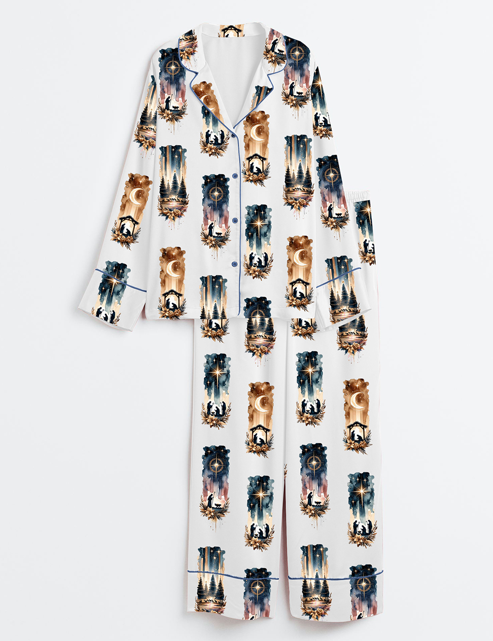 Women's A Savior Is Born Christmas Bow Nativity Christian Manger Jesus Birth Long Sleeve Satin Pajamas Set