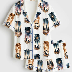 Women's A Savior Is Born Christmas Bow Nativity Christian Manger Jesus Birth Short Sleeve Satin Pajama Set