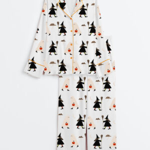 Womenâ€™s A Witch Holding A Broom And A Ghost Holding A Pumpkin Halloween Long Sleeve Satin Pajama Set