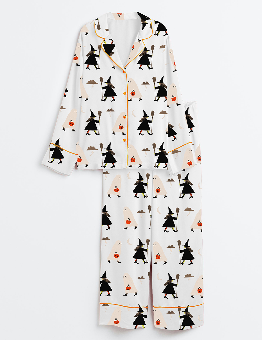 Women's A Witch Holding A Broom And A Ghost Holding A Pumpkin Halloween Long Sleeve Satin Pajama Set
