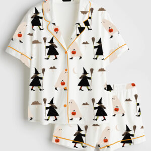 Women's A Witch Holding A Broom And A Ghost Holding A Pumpkin Halloween Short Sleeve Satin Pajama Set